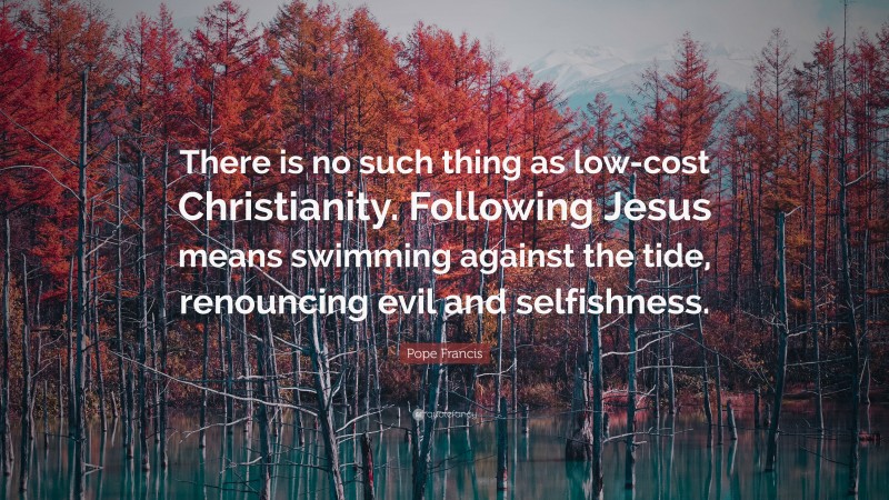 Pope Francis Quote: “There is no such thing as low-cost Christianity. Following Jesus means swimming against the tide, renouncing evil and selfishness.”