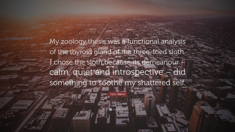 Yann Martel Quote: “My zoology thesis was a functional analysis of the thyroid gland of the three-toed sloth. I chose the sloth because its demeanour – calm, quiet and introspective – did something to soothe my shattered self.”