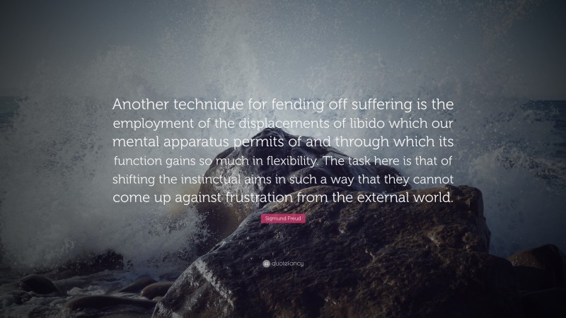 Sigmund Freud Quote: “Another technique for fending off suffering is the employment of the displacements of libido which our mental apparatus permits of and through which its function gains so much in flexibility. The task here is that of shifting the instinctual aims in such a way that they cannot come up against frustration from the external world.”
