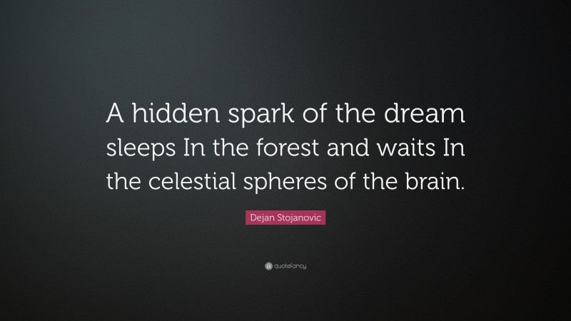 Dejan Stojanovic Quote: “A hidden spark of the dream sleeps In the forest and waits In the celestial spheres of the brain.”