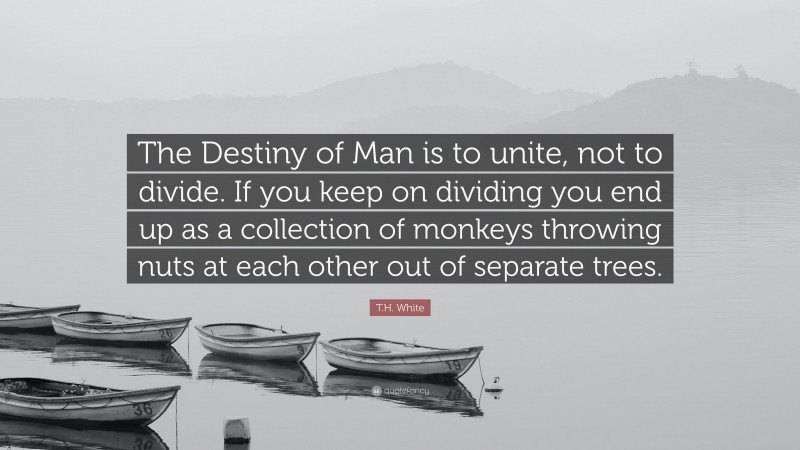 T.H. White Quote: “The Destiny of Man is to unite, not to divide. If you keep on dividing you end up as a collection of monkeys throwing nuts at each other out of separate trees.”