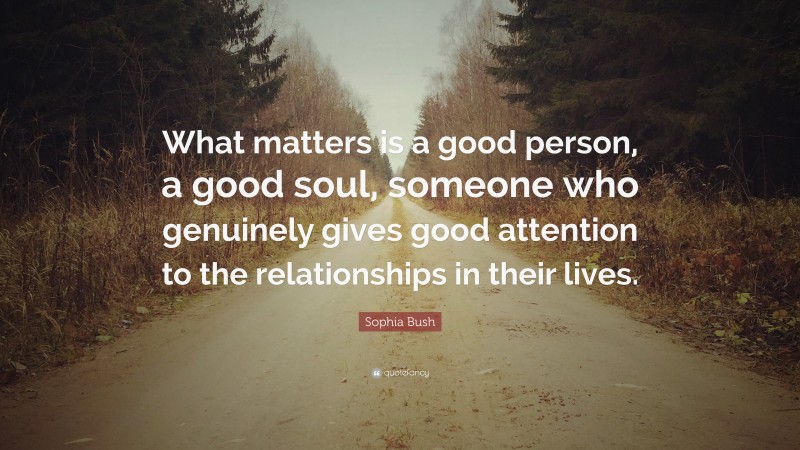 Sophia Bush Quote: “What matters is a good person, a good soul, someone who genuinely gives good attention to the relationships in their lives.”