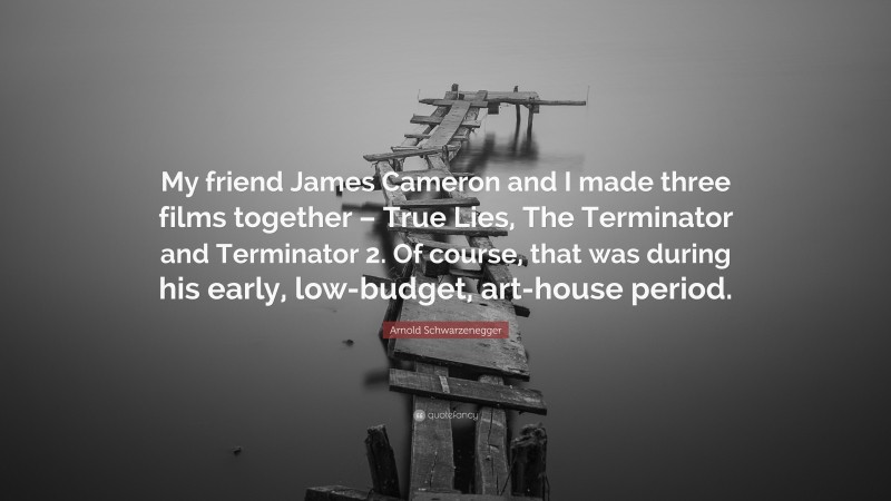 Arnold Schwarzenegger Quote: “My friend James Cameron and I made three films together – True Lies, The Terminator and Terminator 2. Of course, that was during his early, low-budget, art-house period.”