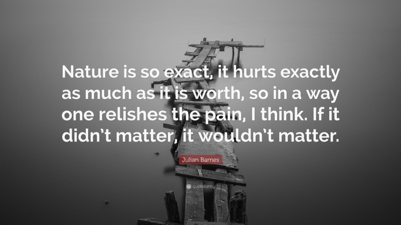 Julian Barnes Quote: “Nature is so exact, it hurts exactly as much as it is worth, so in a way one relishes the pain, I think. If it didn’t matter, it wouldn’t matter.”