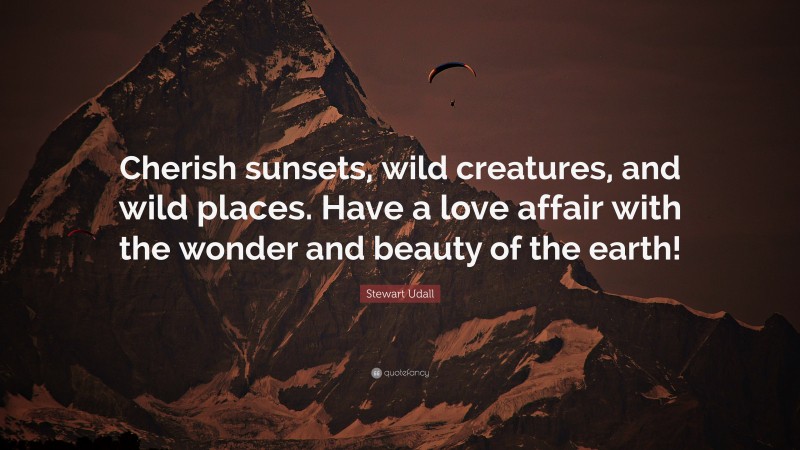 Stewart Udall Quote: “Cherish sunsets, wild creatures, and wild places. Have a love affair with the wonder and beauty of the earth!”