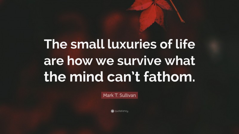 Mark T. Sullivan Quote: “The small luxuries of life are how we survive what the mind can’t fathom.”