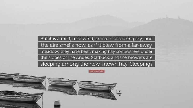 Herman Melville Quote: “But it is a mild, mild wind, and a mild looking sky; and the airs smells now, as if it blew from a far-away meadow; they have been making hay somewhere under the slopes of the Andes, Starbuck, and the mowers are sleeping among the new-mown hay. Sleeping?”