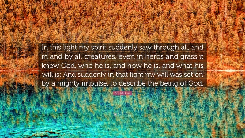 Jakob Bohme Quote: “In this light my spirit suddenly saw through all, and in and by all creatures, even in herbs and grass it knew God, who he is, and how he is, and what his will is: And suddenly in that light my will was set on by a mighty impulse, to describe the being of God.”