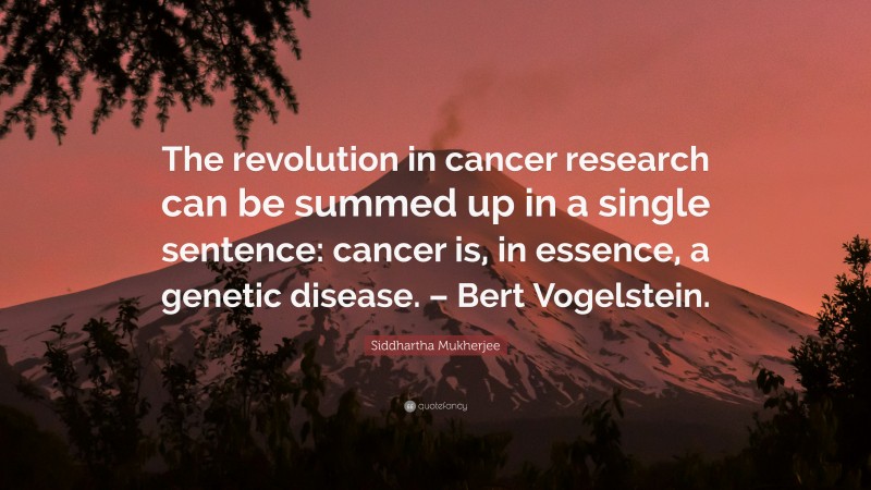 Siddhartha Mukherjee Quote: “The revolution in cancer research can be summed up in a single sentence: cancer is, in essence, a genetic disease. – Bert Vogelstein.”