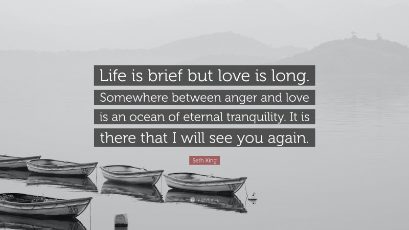 Seth King Quote: “Life is brief but love is long. Somewhere between anger and love is an ocean of eternal tranquility. It is there that I will see you again.”