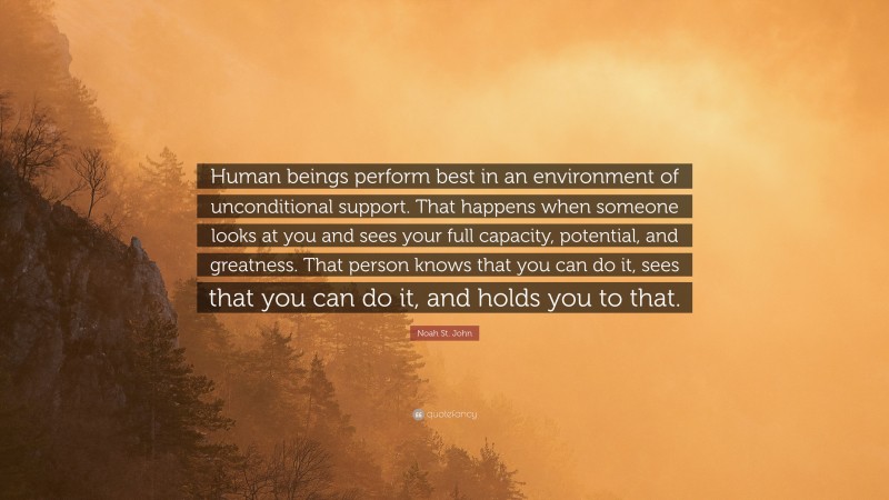 Noah St. John Quote: “Human beings perform best in an environment of unconditional support. That happens when someone looks at you and sees your full capacity, potential, and greatness. That person knows that you can do it, sees that you can do it, and holds you to that.”