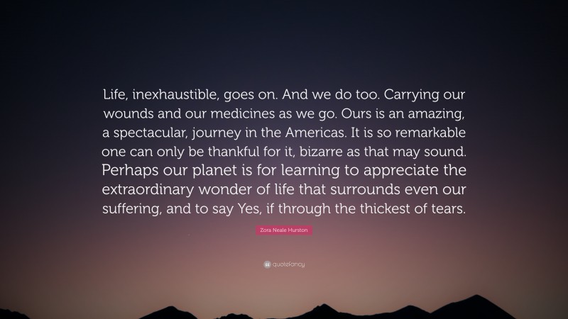 Zora Neale Hurston Quote: “Life, inexhaustible, goes on. And we do too. Carrying our wounds and our medicines as we go. Ours is an amazing, a spectacular, journey in the Americas. It is so remarkable one can only be thankful for it, bizarre as that may sound. Perhaps our planet is for learning to appreciate the extraordinary wonder of life that surrounds even our suffering, and to say Yes, if through the thickest of tears.”