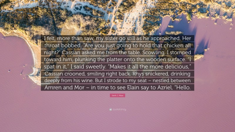 Sarah J. Maas Quote: “I felt, more than saw, my sister go still as he approached. Her throat bobbed. “Are you just going to hold that chicken all night?” Cassian asked me from the table. Scowling, I stomped toward him, plunking the platter onto the wooden surface. “I spat in it,” I said sweetly. “Makes it all the more delicious,” Cassian crooned, smiling right back. Rhys snickered, drinking deeply from his wine. But I strode to my seat – nestled between Amren and Mor – in time to see Elain say to Azriel, “Hello.”