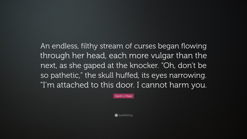 Sarah J. Maas Quote: “An endless, filthy stream of curses began flowing through her head, each more vulgar than the next, as she gaped at the knocker. “Oh, don’t be so pathetic,” the skull huffed, its eyes narrowing. “I’m attached to this door. I cannot harm you.”
