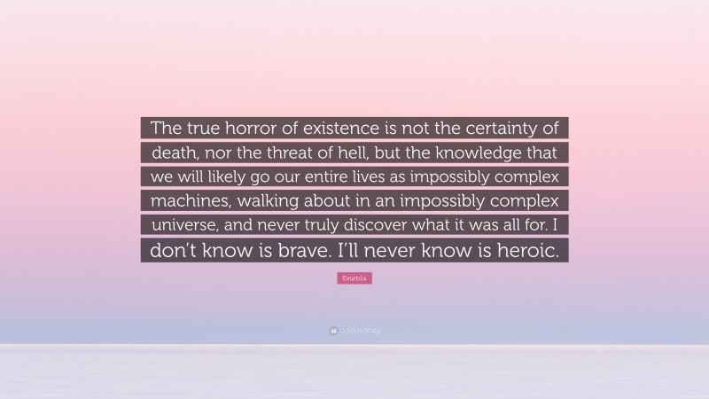 Exurb1a Quote: “The true horror of existence is not the certainty of death, nor the threat of hell, but the knowledge that we will likely go our entire lives as impossibly complex machines, walking about in an impossibly complex universe, and never truly discover what it was all for. I don’t know is brave. I’ll never know is heroic.”