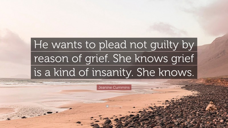 Jeanine Cummins Quote: “He wants to plead not guilty by reason of grief. She knows grief is a kind of insanity. She knows.”
