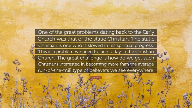 A.W. Tozer Quote: “One of the great problems dating back to the Early Church was that of the static Christian. The static Christian is one who is slowed in his spiritual progress. This is a problem we need to face today in the Christian Church. The great challenge is how do we get such Christians interested in becoming more than the average run-of-the-mill type of believers we see everywhere.”
