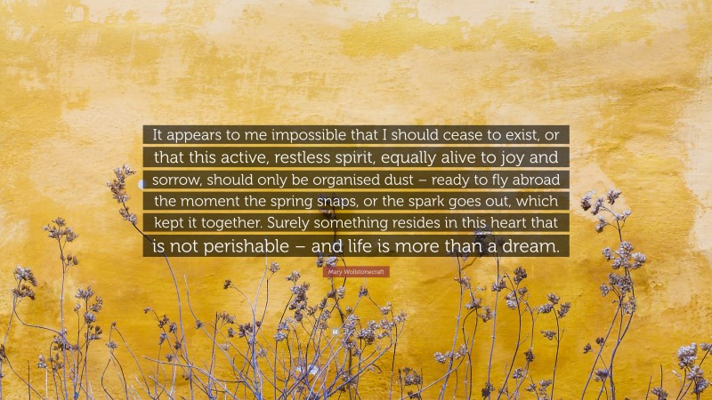 Mary Wollstonecraft Quote: “It appears to me impossible that I should cease to exist, or that this active, restless spirit, equally alive to joy and sorrow, should only be organised dust – ready to fly abroad the moment the spring snaps, or the spark goes out, which kept it together. Surely something resides in this heart that is not perishable – and life is more than a dream.”