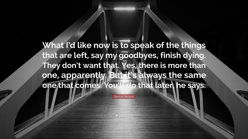 Samuel Beckett Quote: “What I’d like now is to speak of the things that are left, say my goodbyes, finish dying. They don’t want that. Yes, there is more than one, apparently. But it’s always the same one that comes. You’ll do that later, he says.”