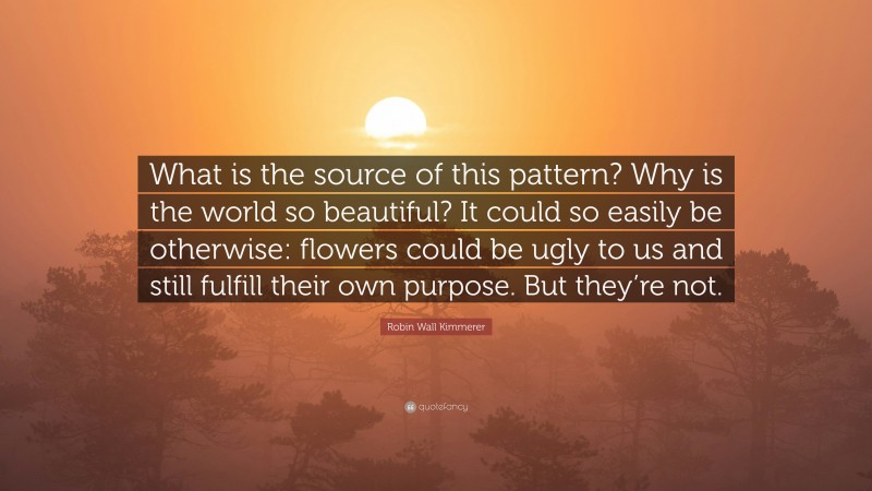 Robin Wall Kimmerer Quote: “What is the source of this pattern? Why is the world so beautiful? It could so easily be otherwise: flowers could be ugly to us and still fulfill their own purpose. But they’re not.”