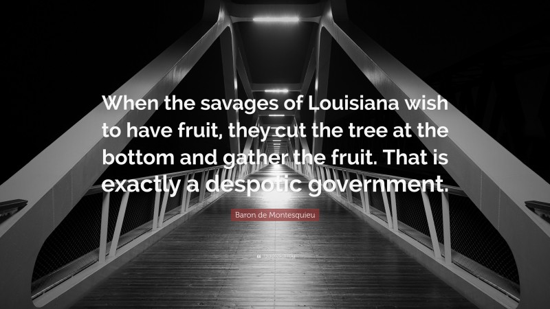 Baron de Montesquieu Quote: “When the savages of Louisiana wish to have fruit, they cut the tree at the bottom and gather the fruit. That is exactly a despotic government.”