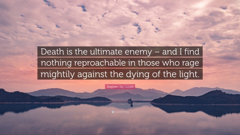 Stephen Jay Gould Quote: “Death is the ultimate enemy – and I find nothing reproachable in those who rage mightily against the dying of the light.”