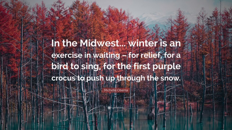 Michelle Obama Quote: “In the Midwest... winter is an exercise in waiting – for relief, for a bird to sing, for the first purple crocus to push up through the snow.”