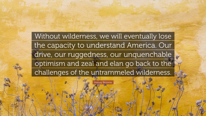 Harvey Broome Quote: “Without wilderness, we will eventually lose the capacity to understand America. Our drive, our ruggedness, our unquenchable optimism and zeal and elan go back to the challenges of the untrammeled wilderness.”