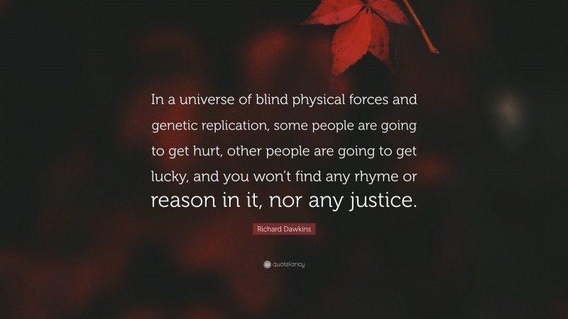 Richard Dawkins Quote: “In a universe of blind physical forces and genetic replication, some people are going to get hurt, other people are going to get lucky, and you won’t find any rhyme or reason in it, nor any justice.”