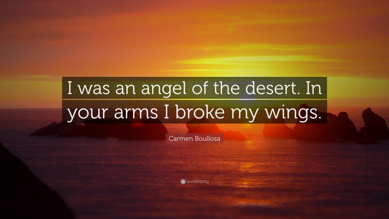 Carmen Boullosa Quote: “I was an angel of the desert. In your arms I broke my wings.”