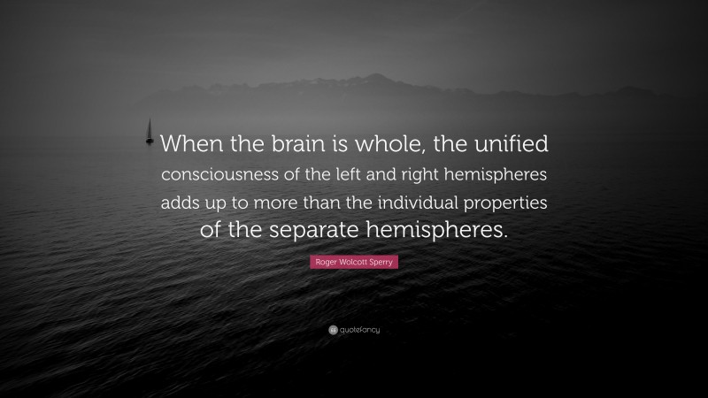 Roger Wolcott Sperry Quote: “When the brain is whole, the unified consciousness of the left and right hemispheres adds up to more than the individual properties of the separate hemispheres.”