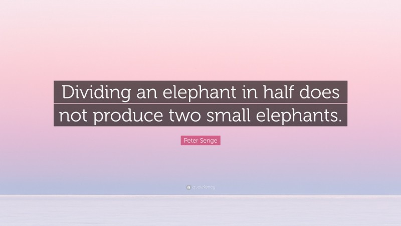 Peter Senge Quote: “Dividing an elephant in half does not produce two small elephants.”