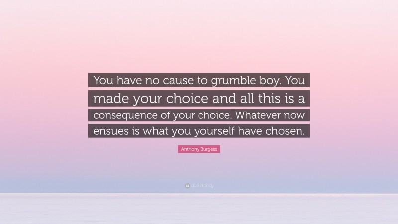 Anthony Burgess Quote: “You have no cause to grumble boy. You made your choice and all this is a consequence of your choice. Whatever now ensues is what you yourself have chosen.”