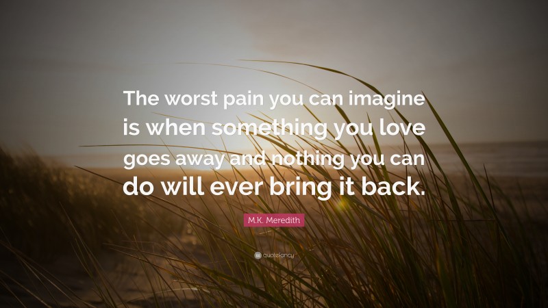 M.K. Meredith Quote: “The worst pain you can imagine is when something you love goes away and nothing you can do will ever bring it back.”