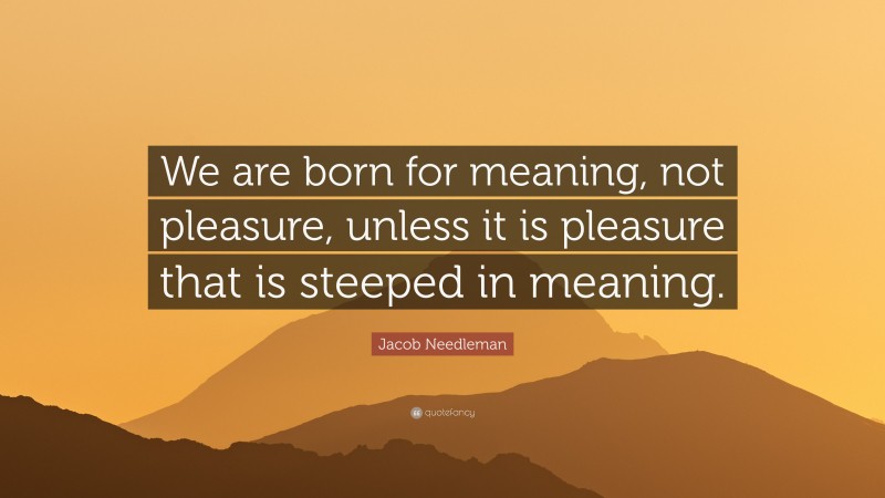 Jacob Needleman Quote: “We are born for meaning, not pleasure, unless it is pleasure that is steeped in meaning.”