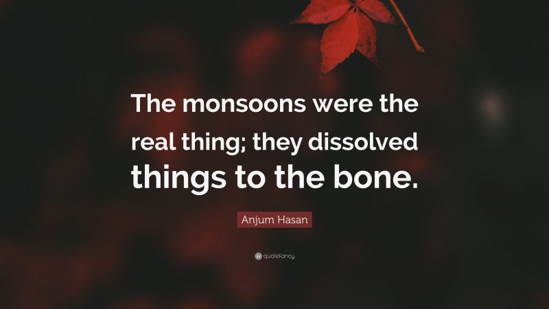 Anjum Hasan Quote: “The monsoons were the real thing; they dissolved things to the bone.”