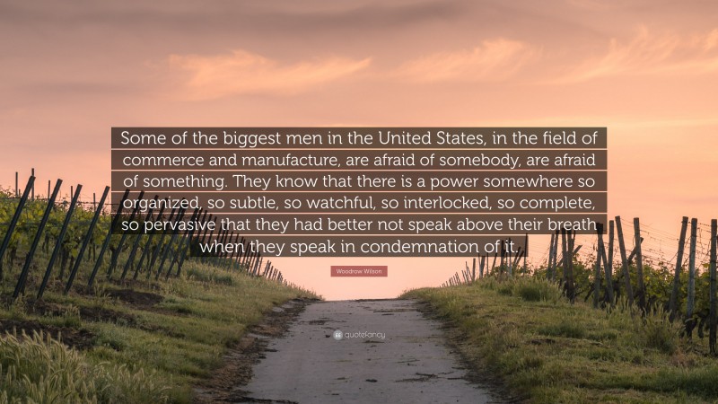 Woodrow Wilson Quote: “Some of the biggest men in the United States, in the field of commerce and manufacture, are afraid of somebody, are afraid of something. They know that there is a power somewhere so organized, so subtle, so watchful, so interlocked, so complete, so pervasive that they had better not speak above their breath when they speak in condemnation of it.”
