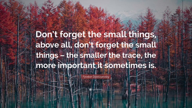 Fyodor Dostoyevsky Quote: “Don’t forget the small things, above all, don’t forget the small things – the smaller the trace, the more important it sometimes is.”