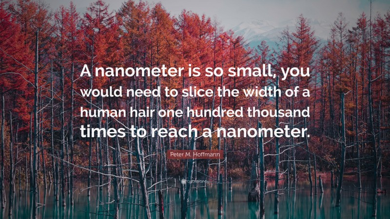 Peter M. Hoffmann Quote: “A nanometer is so small, you would need to slice the width of a human hair one hundred thousand times to reach a nanometer.”
