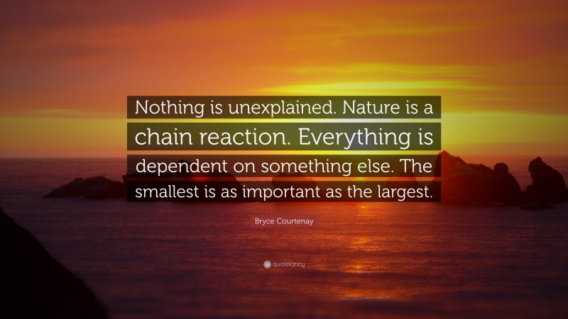 Bryce Courtenay Quote: “Nothing is unexplained. Nature is a chain reaction. Everything is dependent on something else. The smallest is as important as the largest.”