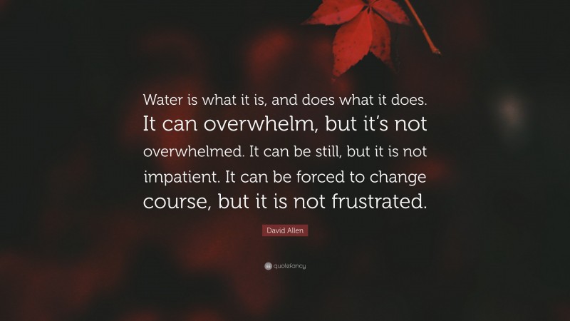 David Allen Quote: “Water is what it is, and does what it does. It can overwhelm, but it’s not overwhelmed. It can be still, but it is not impatient. It can be forced to change course, but it is not frustrated.”