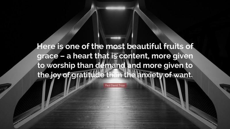 Paul David Tripp Quote: “Here is one of the most beautiful fruits of grace – a heart that is content, more given to worship than demand and more given to the joy of gratitude than the anxiety of want.”