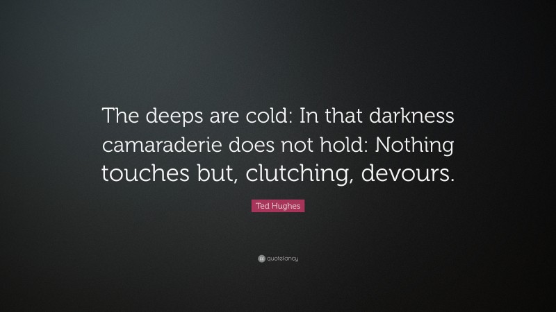 Ted Hughes Quote: “The deeps are cold: In that darkness camaraderie does not hold: Nothing touches but, clutching, devours.”