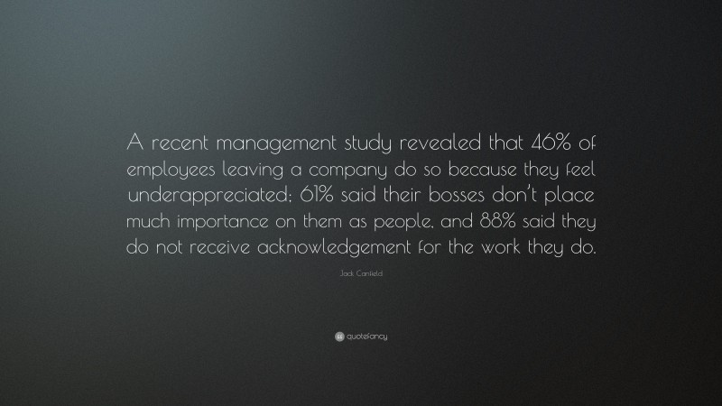 Jack Canfield Quote: “A recent management study revealed that 46% of employees leaving a company do so because they feel underappreciated; 61% said their bosses don’t place much importance on them as people, and 88% said they do not receive acknowledgement for the work they do.”