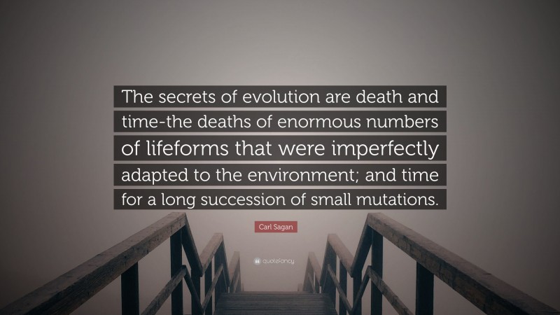 Carl Sagan Quote: “The secrets of evolution are death and time-the deaths of enormous numbers of lifeforms that were imperfectly adapted to the environment; and time for a long succession of small mutations.”
