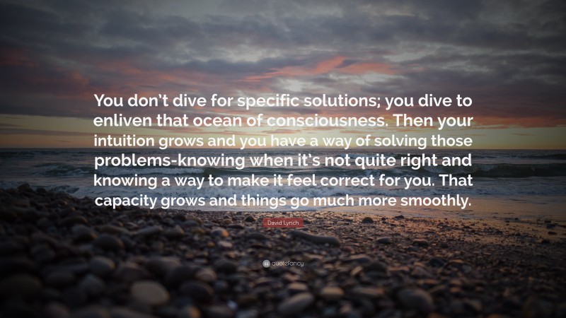 David Lynch Quote: “You don’t dive for specific solutions; you dive to enliven that ocean of consciousness. Then your intuition grows and you have a way of solving those problems-knowing when it’s not quite right and knowing a way to make it feel correct for you. That capacity grows and things go much more smoothly.”