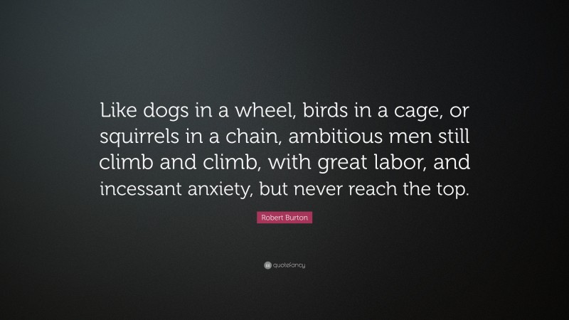 Robert Burton Quote: “Like dogs in a wheel, birds in a cage, or squirrels in a chain, ambitious men still climb and climb, with great labor, and incessant anxiety, but never reach the top.”