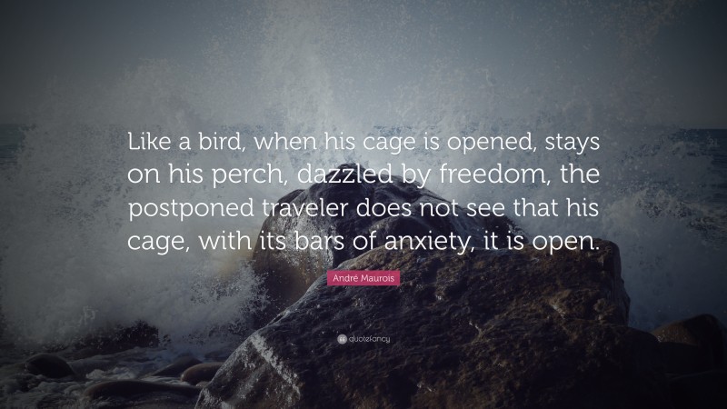 André Maurois Quote: “Like a bird, when his cage is opened, stays on his perch, dazzled by freedom, the postponed traveler does not see that his cage, with its bars of anxiety, it is open.”