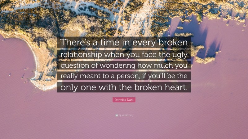 Dannika Dark Quote: “There’s a time in every broken relationship when you face the ugly question of wondering how much you really meant to a person, if you’ll be the only one with the broken heart.”
