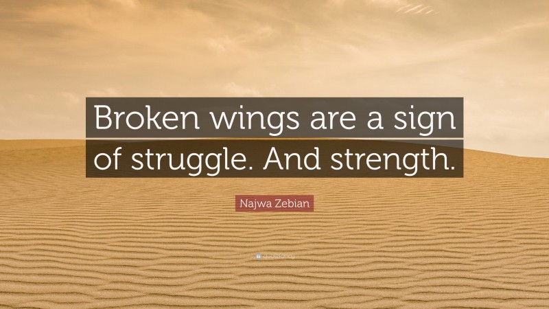 Najwa Zebian Quote: “Broken wings are a sign of struggle. And strength.”